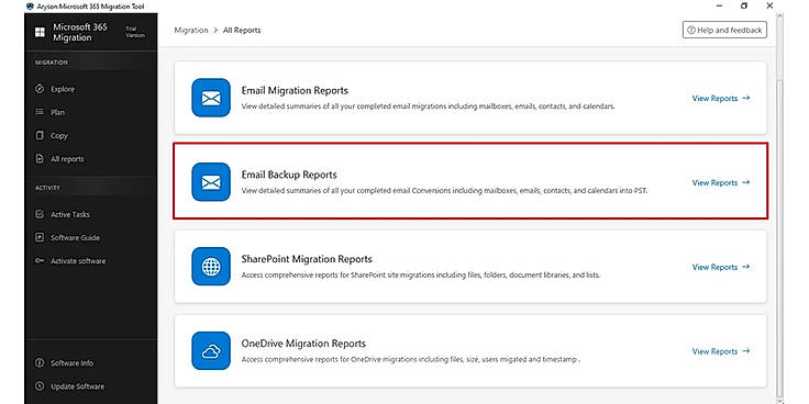 The All Reports section gives a complete overview of all migration and backup activities. It lets users track status, view summaries, and review logs for Email, SharePoint, and OneDrive in one place.