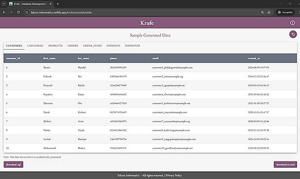 Krufe Populated Data  Click the Populate button. The system generates synthetic sample data for the selected domain. You can Download the data as an Excel file (.xlsx), or Download it as a .sql file for direct execution in your SQL Server.