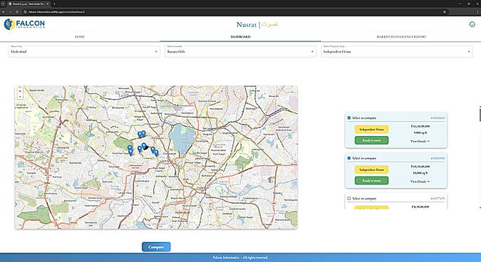 Nusrat - Property Selection & Compare  Enables users to explore and shortlist real estate properties through an interactive, map-driven interface. Users can filter listings by city, locality, and property type to narrow results. Properties are displayed on a map alongside summary cards showing price, size, and readiness status. Multiple properties can be selected and compared, allowing users to move seamlessly from discovery to analysis with clarity and confidence.