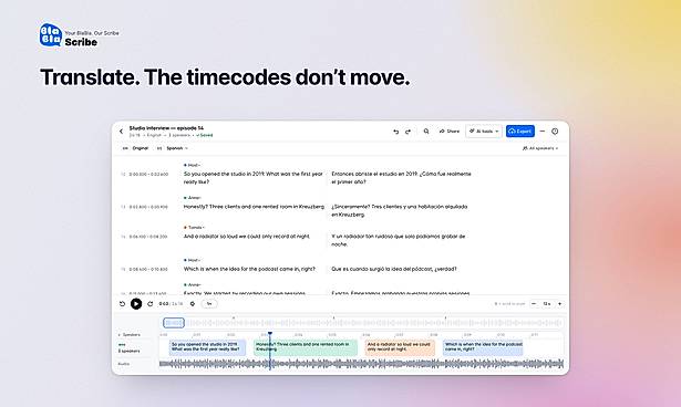 A completed transcript translated into another language while preserving speaker labels and subtitle timings.