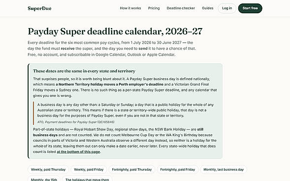 Free 2026-27 Payday Super deadline calendar