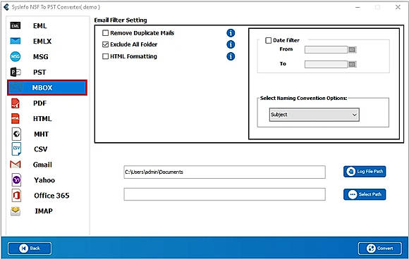 Choose the saving format as MBOX from the left list.