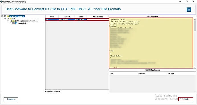You will see the ICS file preview in the next panel. Double-click on a file to open it and see the data it contains. Click Next.