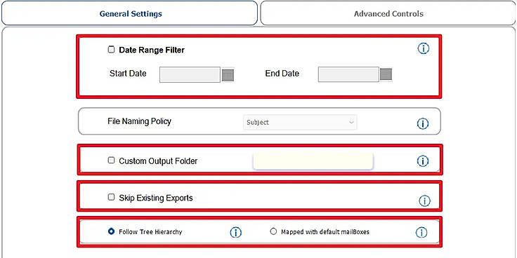 Configure the required filters like date range, output location, attachment handling, and other available export preferences.