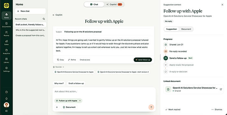 Copilot discussing a review suggestion with a linked proposal (sample workspace).