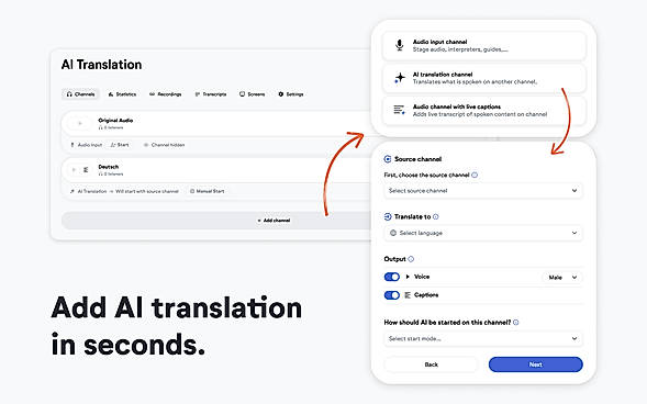 Add AI Voice and Text Translation to any event with a few clicks.