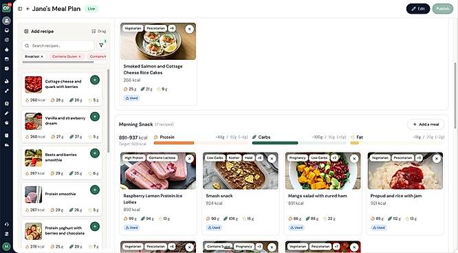 Meal plan and recipe builder with calories, macros, dietary tags and reusable re