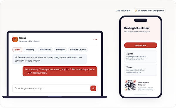 Describe your page and Scova builds a mobile landing page in seconds.