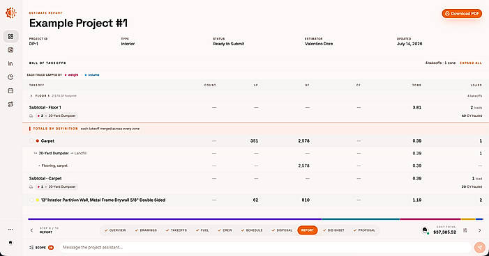 Report page where estimators see a full bid breakdown.