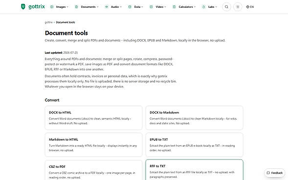 Document tools catalog - breadth across DOCX, EPUB, Markdown and more