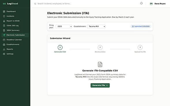 One-click CSV in the exact format OSHA’s ITA portal accepts
