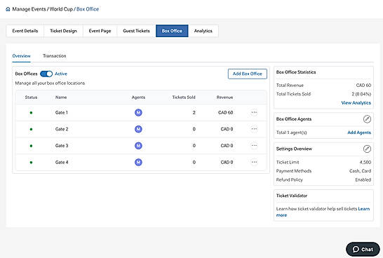 Run on-site box offices across multiple gates, assign agents, and track tickets sold and revenue in real time.