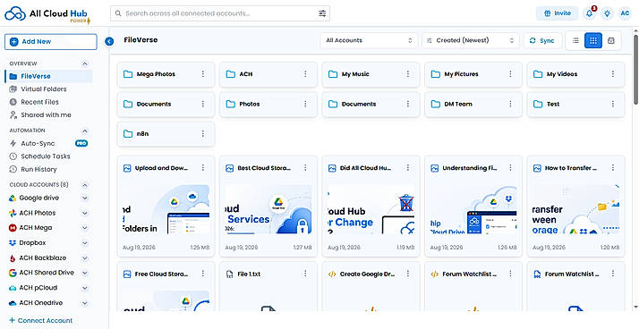 A unified dashboard workspace called FileVerse that aggregates files and folders from all your linked cloud storage accounts into a single, easily sortable, and searchable management interface.