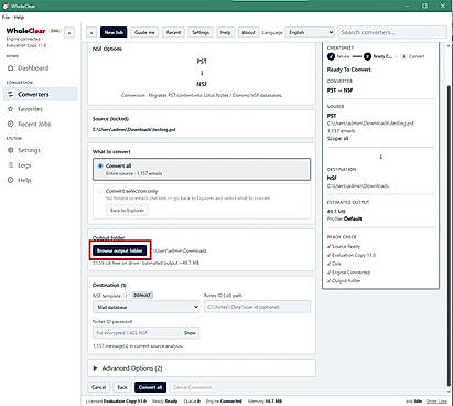 browse output location