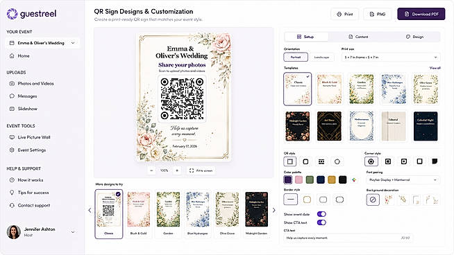 Design QR signs to match your event style for print or digital sharing.