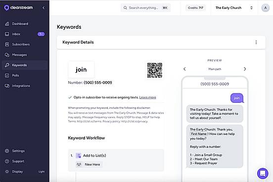 Create unlimited keywords for first-time guests, easily collect people's contact info, add them to your texting lists, send a menu of options, and more.