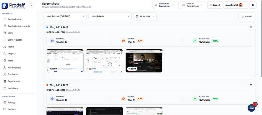 Review timestamped screenshots grouped by employee and work session, alongside activity and idle-time summaries.