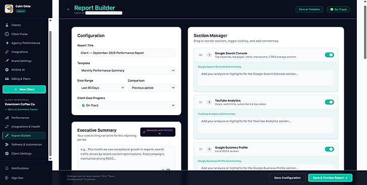 Report Builder with "Generate with RUSHA AI" button