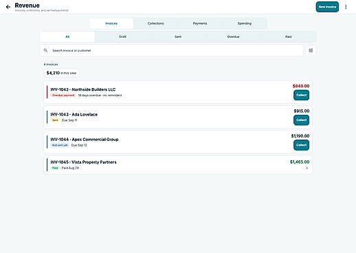 Invoices: sent, overdue, and paid (sample data)