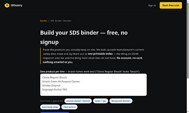 SDS binder builder with QR code