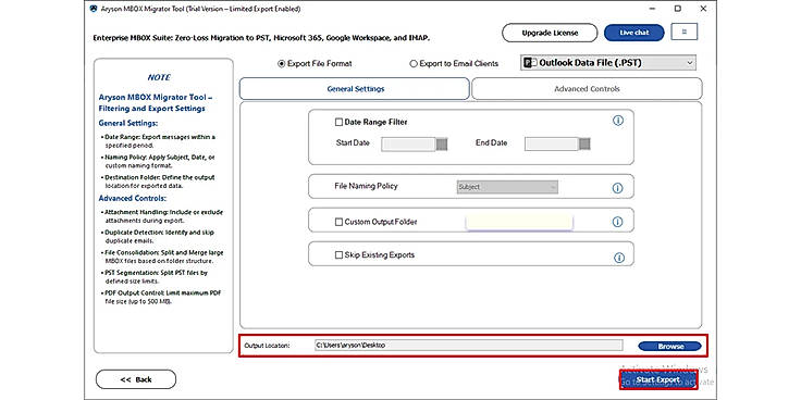 Choose the destination folder and click Start Export to begin the migration process.