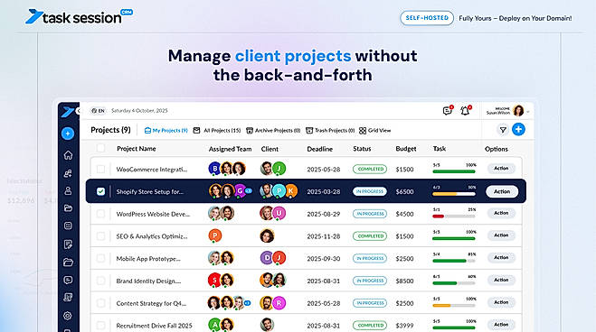 Client projects with team, budget and progress