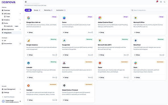 Connect Scanova with 14+ tools across design, marketing, and automation, including Canva, Google Analytics, and HubSpot.