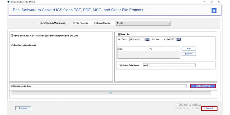Specify the destination folder and click on Convert to begin the conversion.