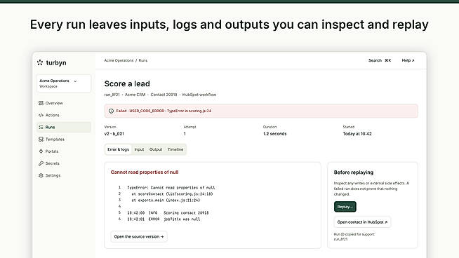 Every run leaves inputs, logs and outputs you can inspect and replay