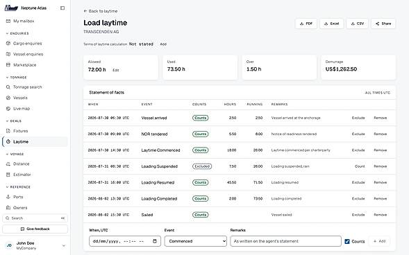 Voyage estimator, TCE, or laytime/demurrage screen