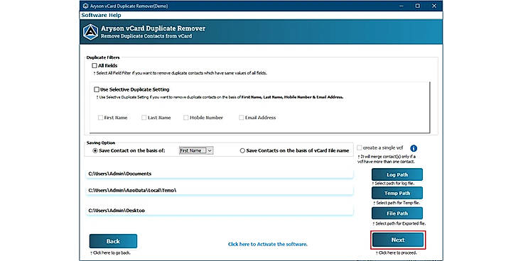 Click on the Next button to start the process to remove duplicate contacts.