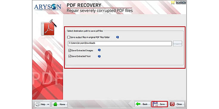Specify the saving path, and then choose to save extracted text and image. Click on Save.