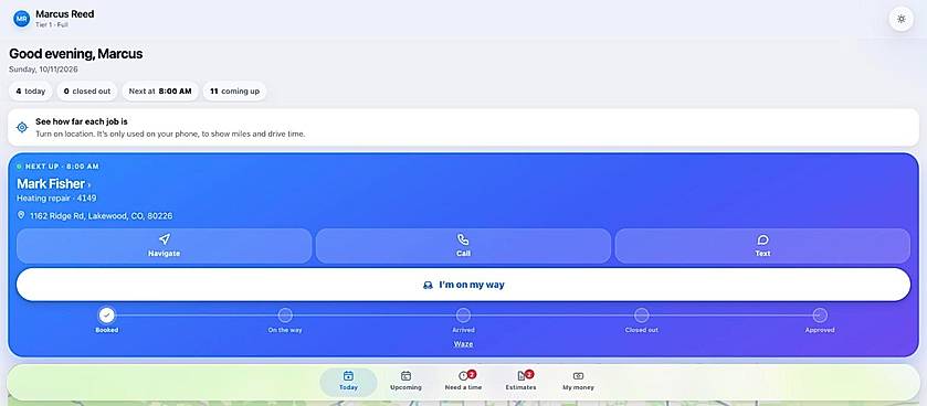 Tech app: next job, on my way, close out