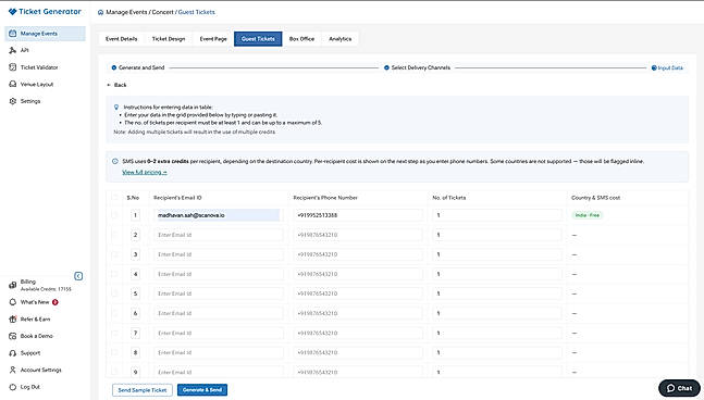 Paste your guest list and issue tickets to everyone at once across email, SMS, and WhatsApp.