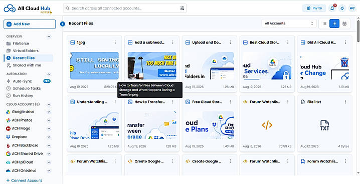 Quick-access panel displaying your most recently opened, viewed, or edited files across all connected cloud providers, complete with file sizes, thumbnail previews, and exact modification dates.