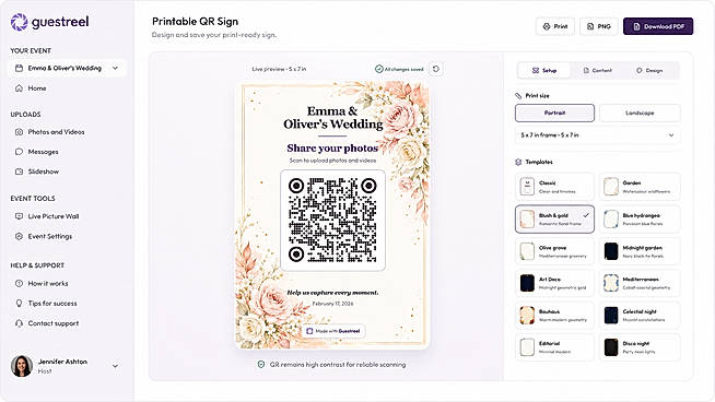 Create printable QR signs that make guest photo sharing simple.