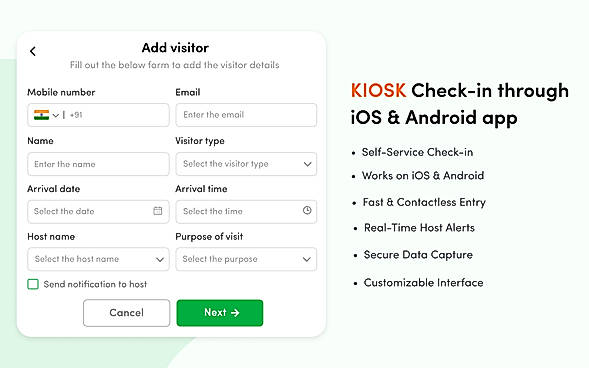 Self-service kiosk visitor check-in form on tablet for iOS and Android