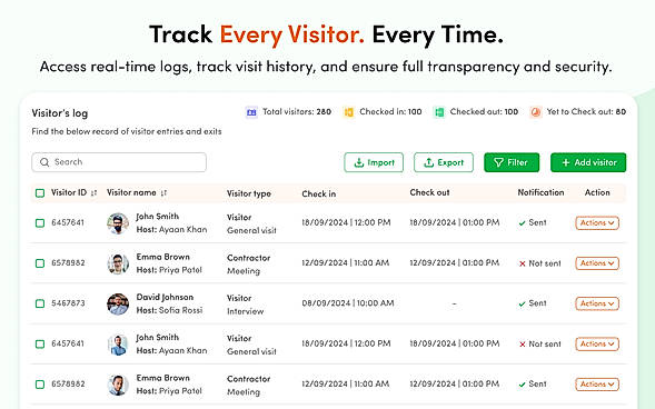 Visitor log management system showing check-in and check-out records