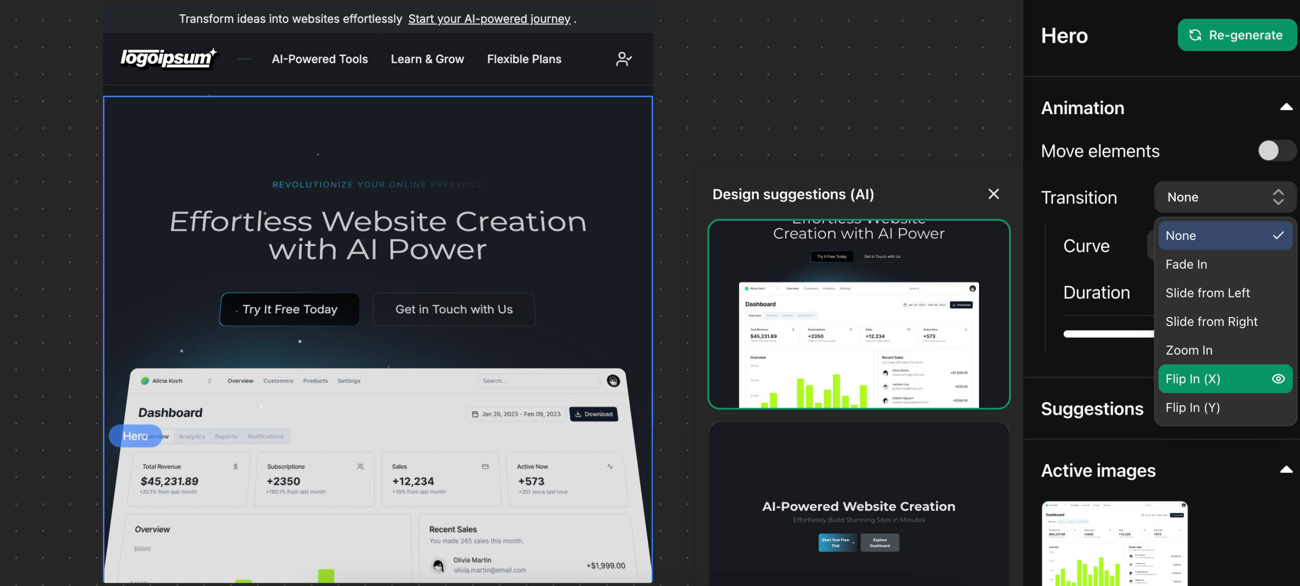 Interfaccia del website builder Webetti